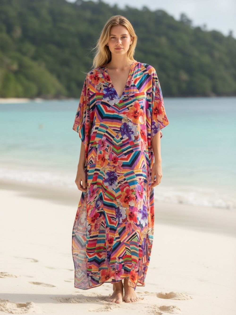 Johnny Was Multicolor Floral & Stripe Beach Caftan size S/M fits all